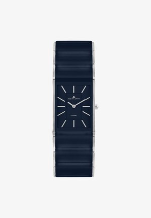 Rektangulært mørkeblå keramisk armbåndsur med sølv timeindikatorer og visere, sølvkanter og "Jacques Lemans" branding på urskiven.