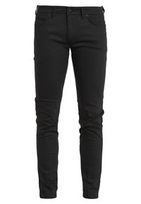 Černé slim-fit kalhoty vyrobené z pružné bavlněné směsi. Mají přední kapsy, zip a hladkou texturu bez viditelných vzorů.
