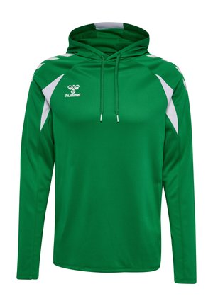 Grünes langärmeliges Sportshirt mit Kapuze, weißen Akzenten auf den Schultern und einem weißen Hummel-Logo auf der Brust.