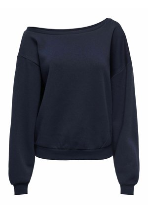 Sweat-shirt bleu marine à manches longues avec un large col dégagé et des poignets et ourlet côtelés.