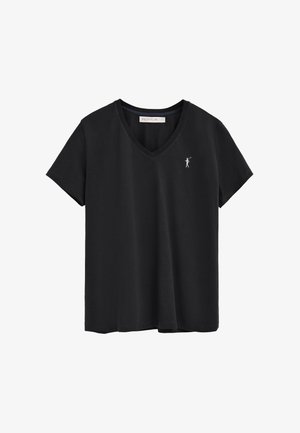 Sort V-hals T-shirt med korte ærmer og lille hvidt broderet logo af en polospiller på venstre bryst.