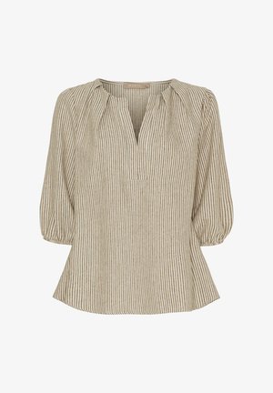 Beige og brun stribet bluse med rund halsudskæring, trekvart puffærmer og en subtil plissering foran.