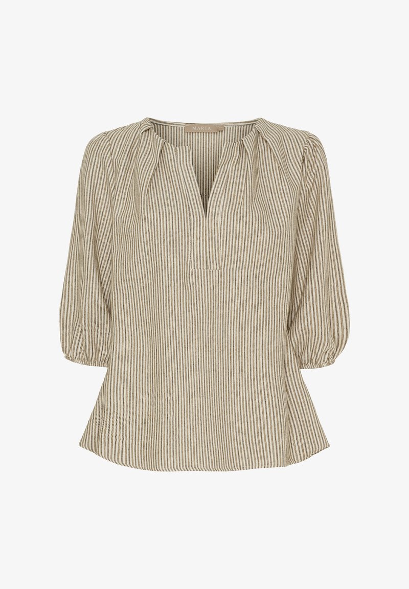 Beige og brun stribet bluse med rund halsudskæring, trekvart puffærmer og en subtil plissering foran.