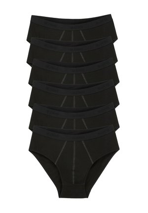 Pięć par czarnych męskich bokserek ułożonych w stos, z elastycznymi pasami w talii i pionowymi szwami z przodu, przedstawione na białym tle.