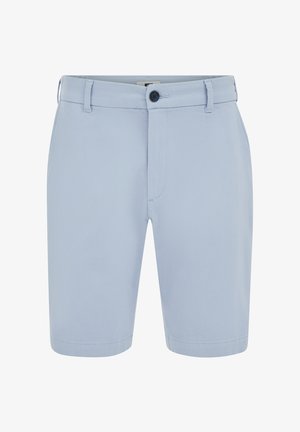 Šviesiai mėlynos spalvos struktūruoti vyriški šortai su sagos užsegimu ir diržo kilpelėmis, iki kelių ilgio ir pritaikyto kirpimo.