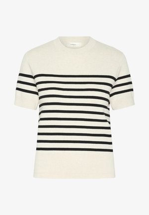 Randig kortärmad stickad topp i gräddvit och svart. Har en rund halsringning och ribbad nedkant med horisontella ränder över kroppen.