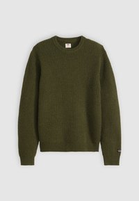 Olijf groene gebreide trui met een ronde halslijn, een textuur rib patroon, lange mouwen en een klein logo label op de linkermouw.