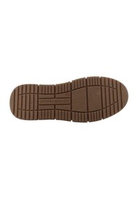 Suola di scarpa in gomma marrone con superficie texture. Presenta scanalature orizzontali e verticali, nome del marchio impressa al centro.