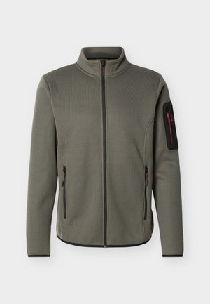 Γκρι υφασμάτινο μπουφάν με φερμουάρ και ψηλό γιακά, μαύρες λεπτομέρειες και τσέπες με φερμουάρ στο μπροστινό μέρος και στο αριστερό μανίκι.