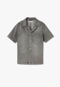Kortærmet skjorte med krave i lys grå denim. Har en frontlomme, knaplukning og synlige sømdetaljer.
