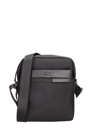 Borsa a tracolla nera con texture, tracolla regolabile, banda sintetica orizzontale frontale e logo in rilievo "Coveri active".