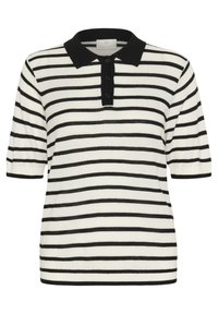 Black and white striped polo shirt with short sleeves, a black collar, and three front buttons. Textured knit fabric with a relaxed fit.