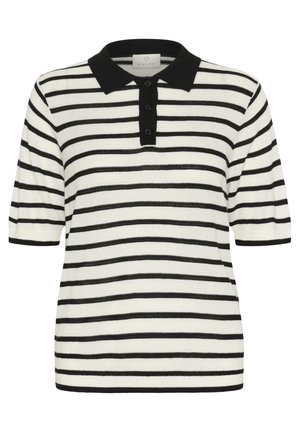 Black and white striped polo shirt with short sleeves, a black collar, and three front buttons. Textured knit fabric with a relaxed fit.
