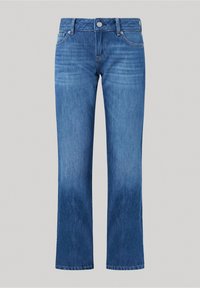 Ljusblå denimjeans med rak passform, utrustade med knäppning, framfickor och synliga sömdetaljer. Urblekt nederdel för stil.