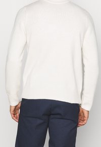 Pull crème clair avec un col rond côtelé, des manches longues et un ourlet droit. La texture semble douce et tricotée.