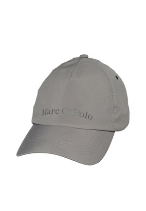 Graue Baseballkappe mit gebogenem Schirm, mit dem "Marc O'Polo" Logo auf der vorderen Mitte gedruckt.