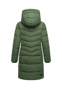 Green puffer coat with a hood, featuring a quilted design, long sleeves, and a contrasting black label at the hem. Textured fabric.
