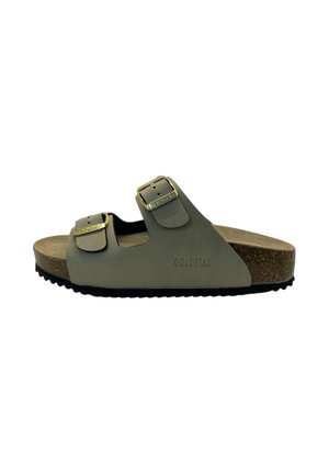 Sandalo modello slide con punta aperta, due cinturini regolabili con fibbia, soletta in sughero e suola nera, marchiato "Goldstar" sul lato.
