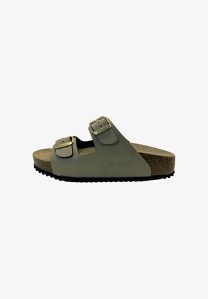 Sandalo modello slide con punta aperta, due cinturini regolabili con fibbia, soletta in sughero e suola nera, marchiato "Goldstar" sul lato.