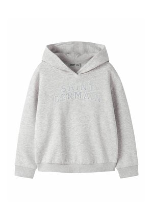 Sweat à capuche gris clair avec poignets et ourlet côtelés, avec "SAINT GERMAIN" brodé en blanc sur la poitrine.
