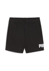 Černé bavlněné šortky s volným střihem, elastickým pasem, bočními kapsami a výrazným bílým logem "PUMA" na dolní levé straně.