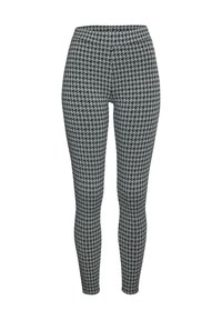 Leggins s uzorkom houndstooth u sivoj i crnoj paleti boja. Izrađeni su od rastezljivog materijala i imaju visok struk.