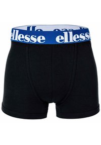 Boxer neri con una fascia elastica blu che presenta il logo bianco "ellesse". Tessuto morbido, design aderente con una texture liscia.