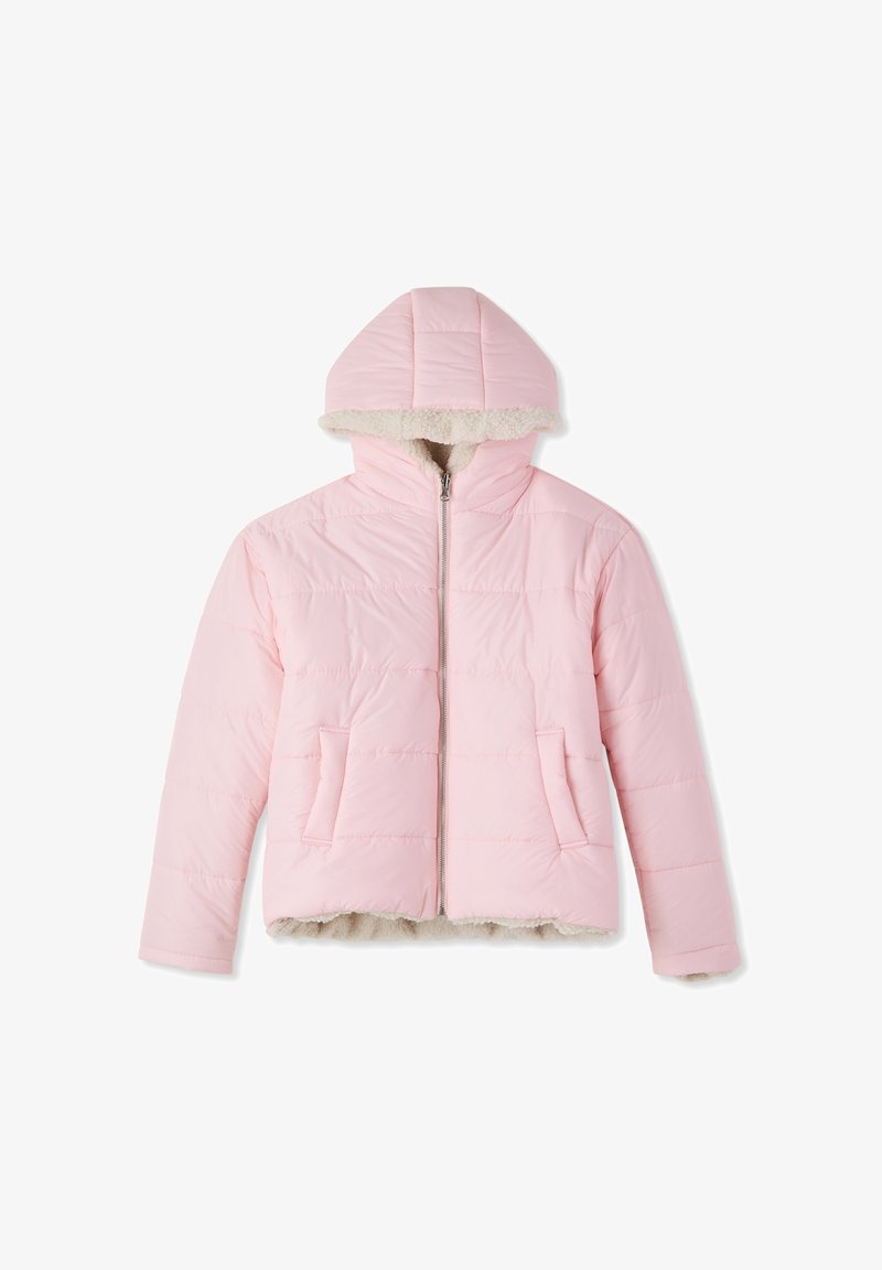 Giacca imbottita rosa con cappuccio foderato in pelliccia, chiusura frontale con cerniera e due tasche quadrate. Presenta un design trapuntato e una texture morbida.