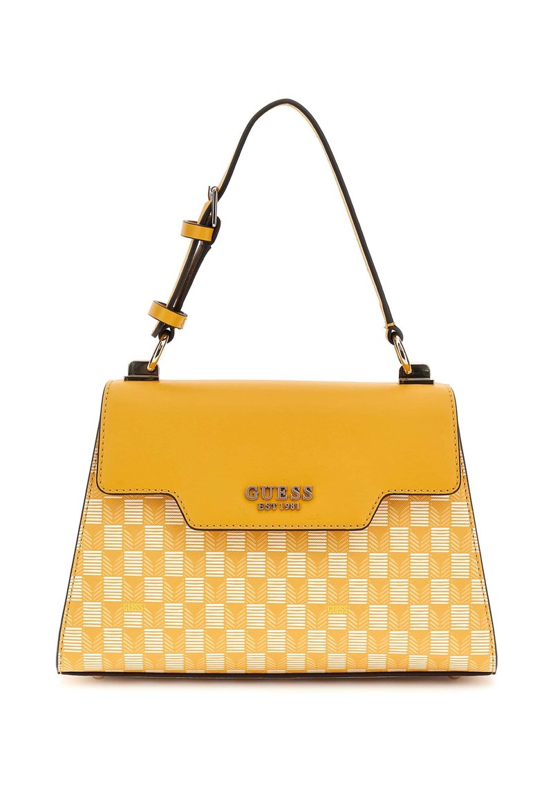 Borsa gialla con un design strutturato, caratterizzata da un lembo superiore liscio e una parte inferiore decorata con disegni geometrici. Dettagli del logo in argento.