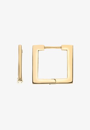 Gold metal square buckle with a smooth finish and rounded corners. Includes a prong and a small vertical attachment for securing.