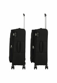 Black hard-shell suitcase with a telescopic handle, zip pockets, and four wheels for easy maneuverability. Features a combination lock.