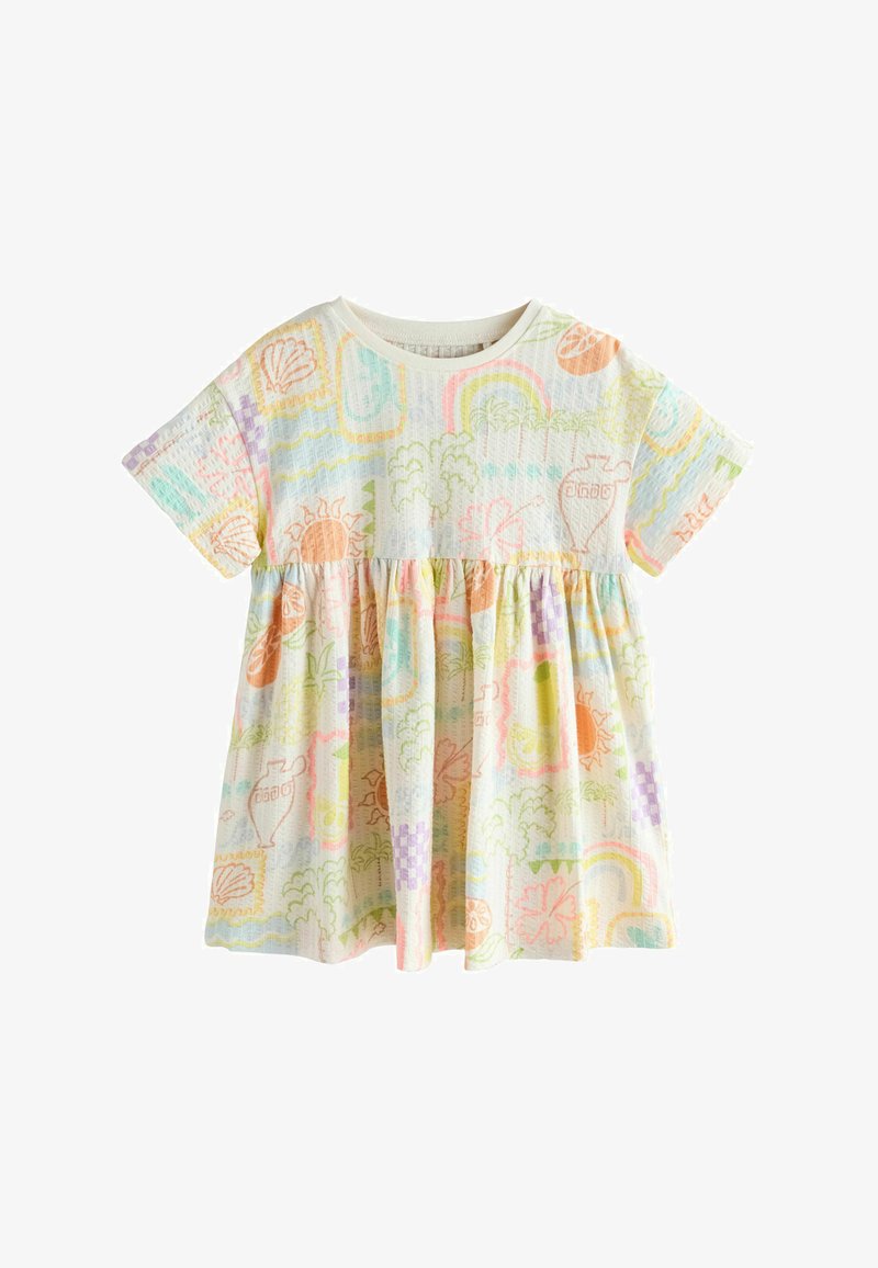 Robe pour tout-petit à manches courtes, base blanche, motifs tropicaux et géométriques multicolores pastel, taille cintrée, et col rond.