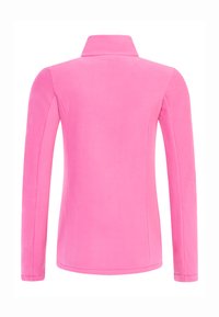 Fleece-Jacke in leuchtendem Pink, mit hohem Kragen und langen Ärmeln, einer weichen Textur und nahtlosem Design auf der Rückseite.