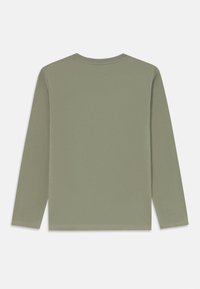 Long-sleeve shirt in a muted green color, made of soft fabric, featuring a round neckline and simple hemmed cuffs. No design patterns.