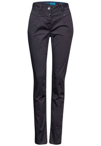 Pantalons extensibles noirs avec une coupe slim, comportant deux poches avant, une taille brodée et une fermeture à bouton. Tissu lisse et durable.