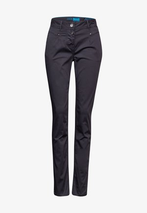 Schwarze Stretchpants im Slim-Fit mit zwei vorderen Taschen, einem bestickten Bund und einem Knopfverschluss. Glattes, strapazierfähiges Material.