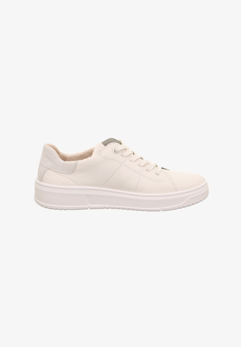 Weiße Leder-Sneaker mit glatter Oberfläche, Schnürdesign, Gummisohle, minimaler Naht und einem dezenten grauen Akzent am Zungenbereich.