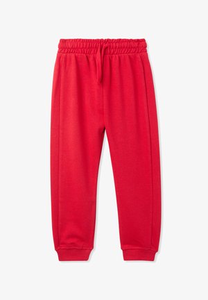 Czerwone spodnie dresowe uszyte z miękkiego materiału, z elastycznym pasem, sznurkiem do regulacji i zwężanymi mankietami przy kostkach. Gładka tekstura na całej powierzchni.