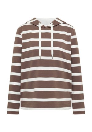 Hnědá a bílá pruhovaná mikina s kapucí, přední klokánkovou kapsou, šňůrkou na stažení kapuce a dlouhými rukávy, vyrobená z hebkého bavlněného materiálu.