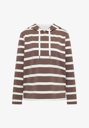 Hnědá a bílá pruhovaná mikina s kapucí, přední klokánkovou kapsou, šňůrkou na stažení kapuce a dlouhými rukávy, vyrobená z hebkého bavlněného materiálu.