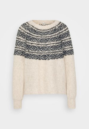 Cream sweater with a dark gray patterned yoke. Knitted fabric, round neckline, long sleeves, and ribbed cuffs and hem.