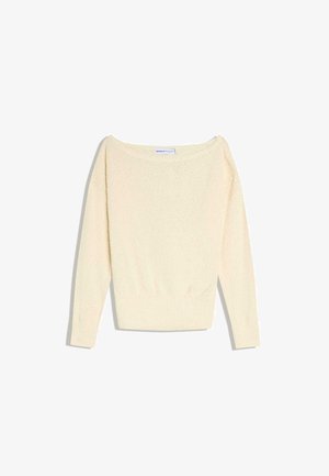 Kremno obarvan pulover iz pletenine z dolgimi rokavi, širokim izrezom in rebrastim pasom, položen na ravno belo podlago.