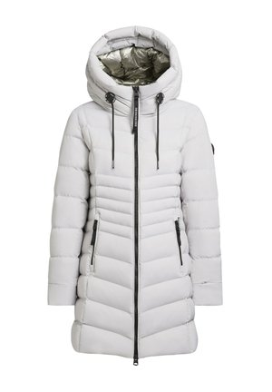 Giacca trapuntata grigio chiaro con cappuccio, design a quadri, fodera interna argentata e tasche con cerniera nere. I lacci regolano la vestibilità del cappuccio.