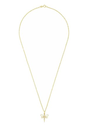 Gold necklace featuring a delicate dragonfly pendant with four wings and a small gemstone accent, hung from a thin, textured chain.