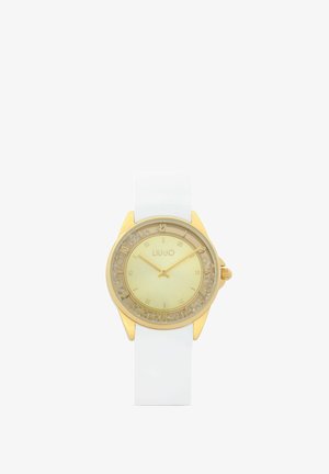 Goudkleurig Liu Jo polshorloge met heldere kristaldetails rond de wijzerplaat en een witte siliconen band, wijzend op 10:12 uur.