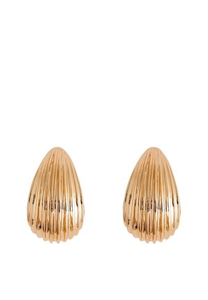 Gold-tone shell-shaped earrings with vertical ridges, featuring a smooth, shiny finish. Compact design with a solid silhouette.