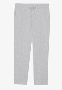 Pantalons de jogging gris clair en tissu doux, dotés d'une taille élastique avec cordon de serrage et de poches latérales. Design à jambes droites.