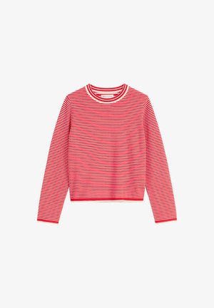 Red and white striped long-sleeve shirt with a round neckline and ribbed cuffs. Made from a soft, lightweight fabric.