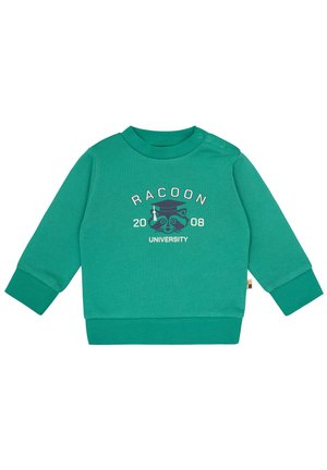 Felpa in cotone verde con maniche lunghe, polsini e colletto a costine. Presenta una grafica di un procione e il testo "RACCOON UNIVERSITY 2008".