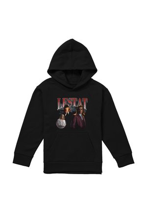 Black hooded sweatshirt with front graphic showing three different portraits of a character named Lestat in varied outfits and styles.